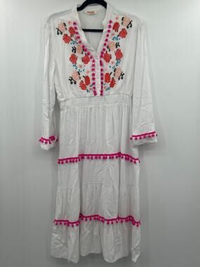 Mazik Large White Embroidered Boho Midi Dress Pink Pom Pom Trim Cottagecore